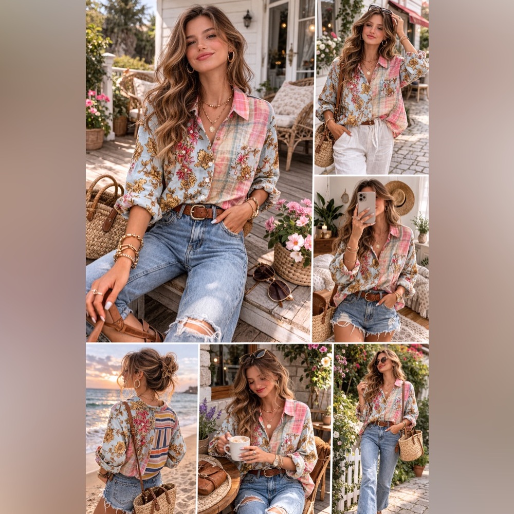 Soft Surroundings Mixed Print Embroidered Cotton Blouse L